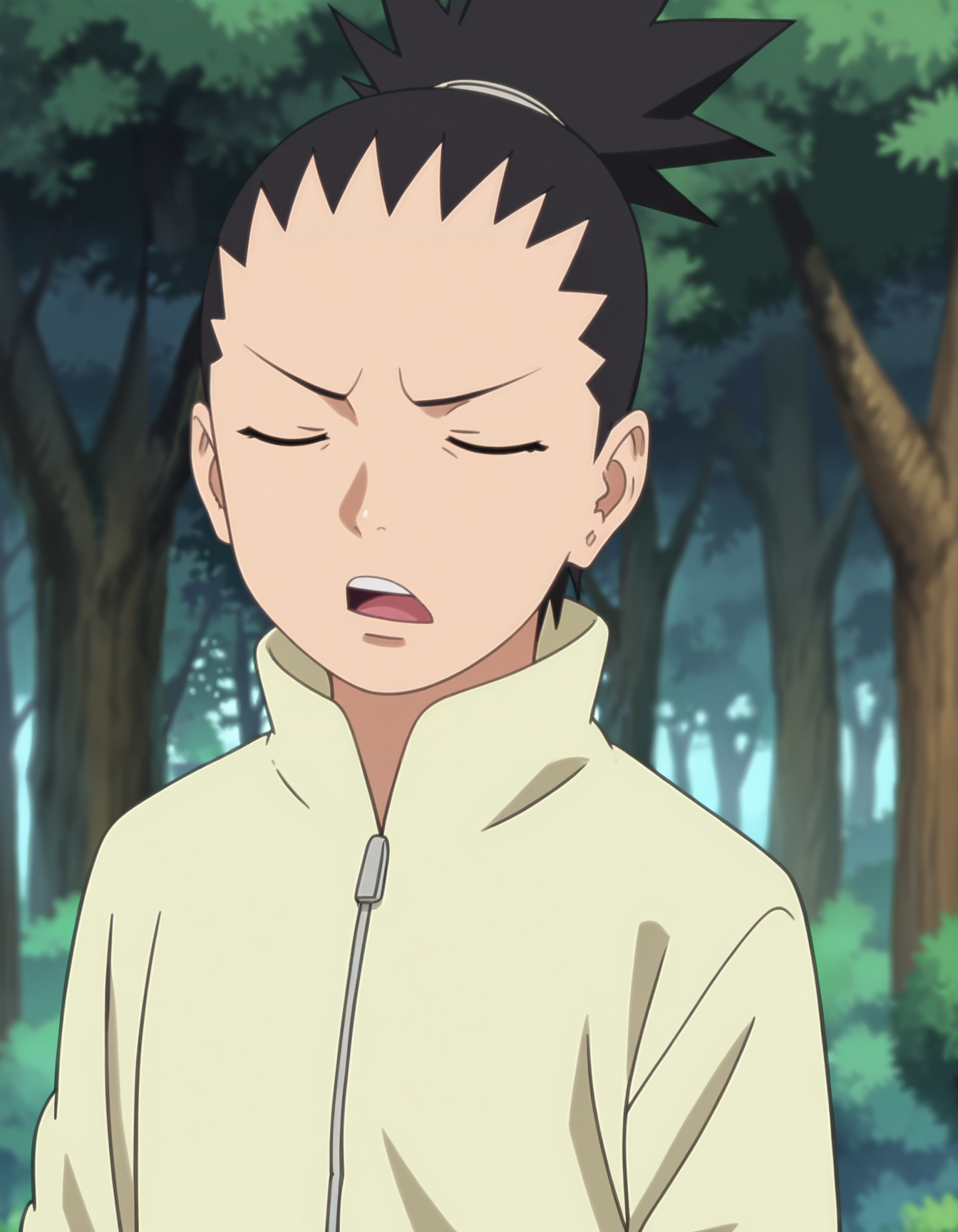 score_9, score_8_up, score_7_up, source_anime,anime screencap,anime coloring,
uncensored,
shikadai, black hair,nara shikadai,black eyes,topknot,green eyes,ponytail,
toeless footwear,
jacket,zipper pull tab,pantsforehead protector,konohagakure symbol,
open mouth,
standing, solo focus,annoyed, closed eyes,
perfect anatomy,
scenery,outdoors,forest,
<lora:Shikadai:0.9>