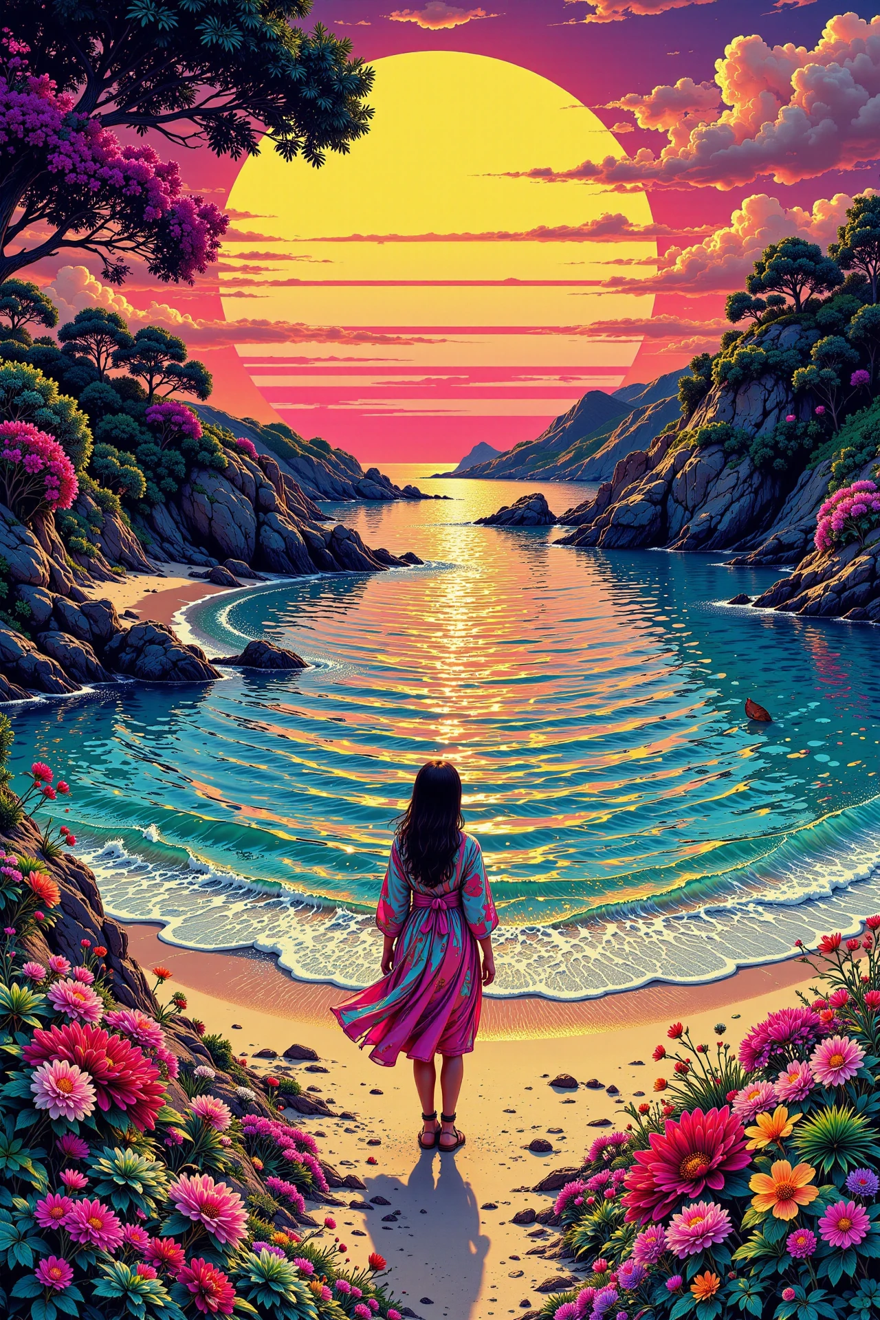 japanese beach  landscape, sunset, woman, very intricate, very detailed, sharp, bright, colorful, <lora:Hand v2:0.5> <lora:Anti-Blur:1><lora:Insane Detail Slider:0.25>  <lora:flux.1_lora_flyway_Epic-detail_v2:0.3> <lora:fluxenhancer:0.25> <lora:ck-Neon-Retrowave:0.4> ck-rw, in the style of ck-rw,  <lora:Neurocore Anime Cyberpunk:0.8> A digital artwork in the style of cknc