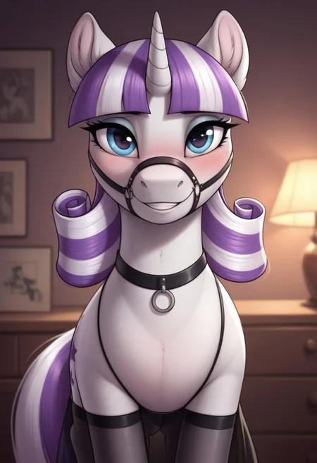 score_9, score_8_up, score_7_up, score_6_up, pony, feral, mare, solo, (twilight velvet), no breasts, indoor, bedroom, (night), tail, photo_realistic, bridle, black stockings, silk stockings, black nightdress, transparent nightdress, blushing female, standing, looking at you, front view, face only, smiling, upper body