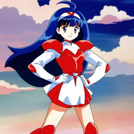masterpiece, best quality, very aesthetic, absurdres, general, anime screencap,
1girl, solo, <lora:Tsurugino_Hikari_XL:1>, Tsurugino_Hikari, long hair, blue hair, 1990s (style), hairband, blue eyes, bangs, ahoge, small breasts,
white cloth, gloves, knee boots, red boots, armor, skirt, smile, long sleeves, looking at viewer, red footwear, legs apart, portrait only,
smile,closed mouth, hands on own hips, standing, cloud sky, outdoor, sunlight, v-shaped eyebrows