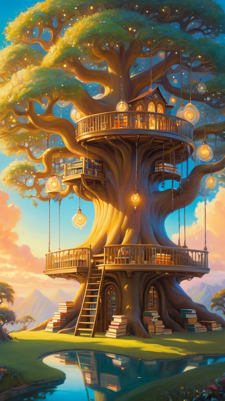 Painting, dreamscape of an Enchanted Library within a giant tree, at Dawn, Whimsical, Solarpunk, Warm Illumination, fluid, Oil on canvas, Focal length 35mm, Lark filter, Fibonacci spiral