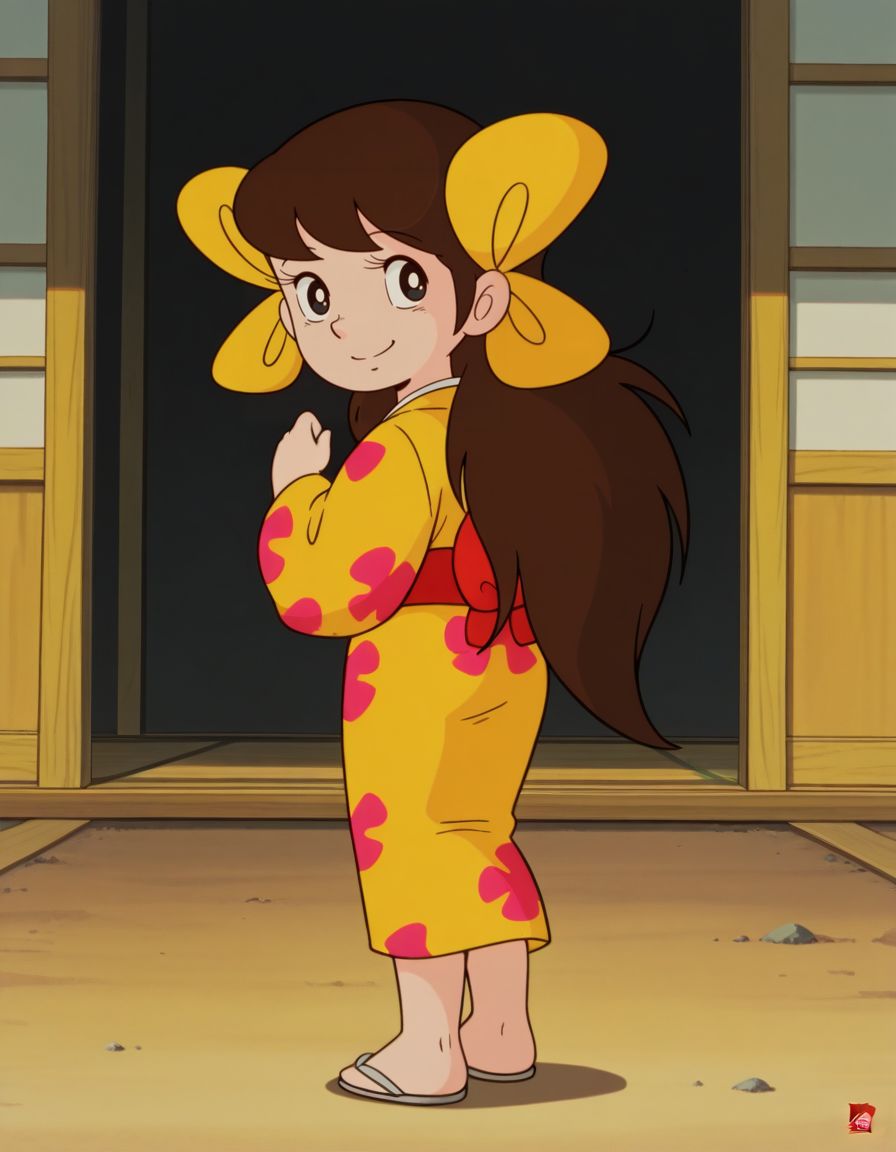masterpiece, best quality, solo, smile, happy, full body, facing away, looking back, 
<lora:Sakura:1>, saku4a, 1girl, long hair, brown hair, black eyes, yellow kimono, multiple hair bows, 1970s \(style\),