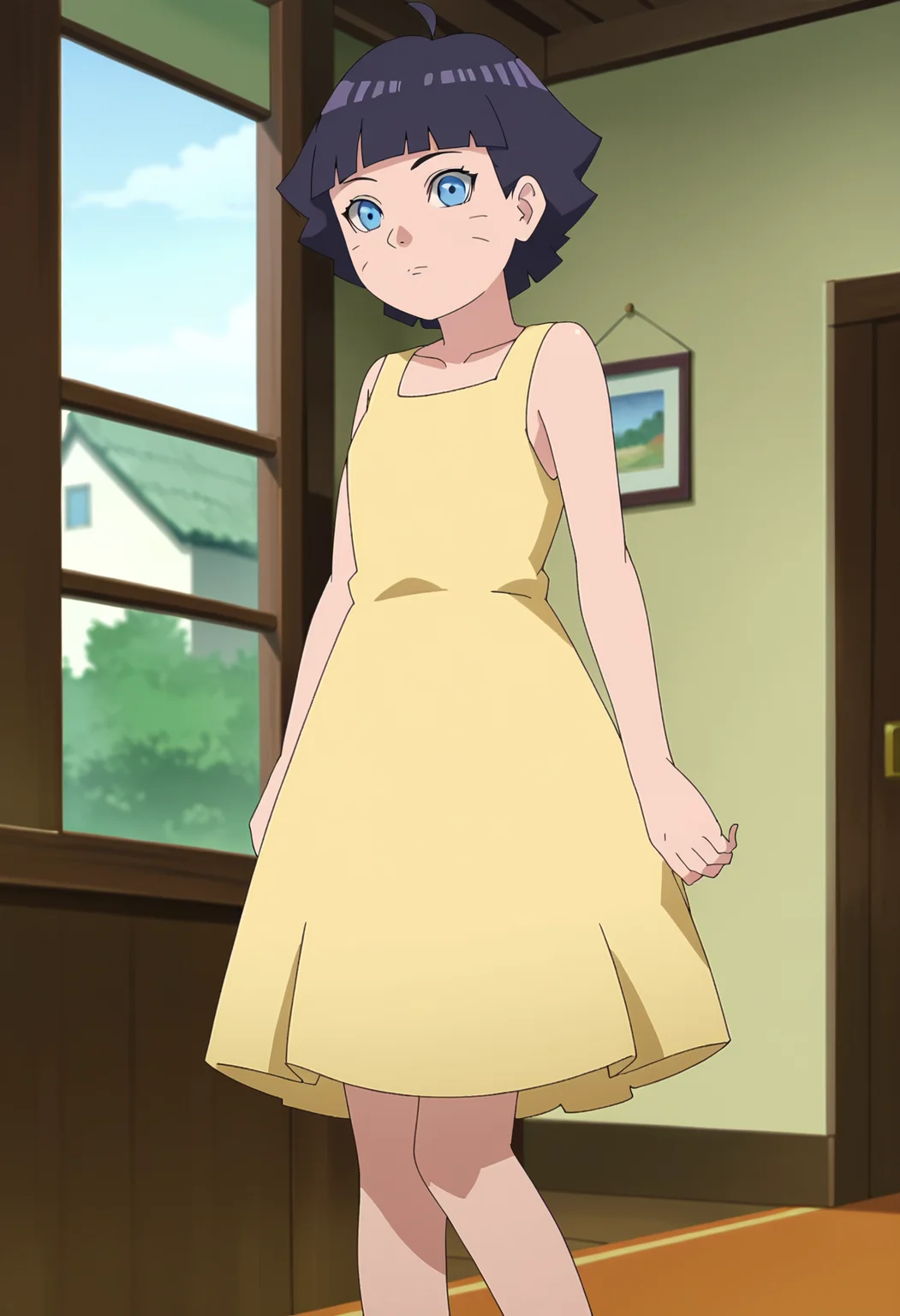 score_9, score_8_up, score_7_up, source_anime,anime screencap,anime coloring,intricate details,masterpiece,
uncensored,
himawari, 1girl, solo, bangs, blunt bangs, facial mark, ahoge, whisker markings, short hair, black hair,purple hair, blue eyes,
looking at viewer, wide-eyed, :O, yellow dress,
indoors, barefoot, standing,
solo,
scenery,
<lora:Himawari_by_Nyx:1>