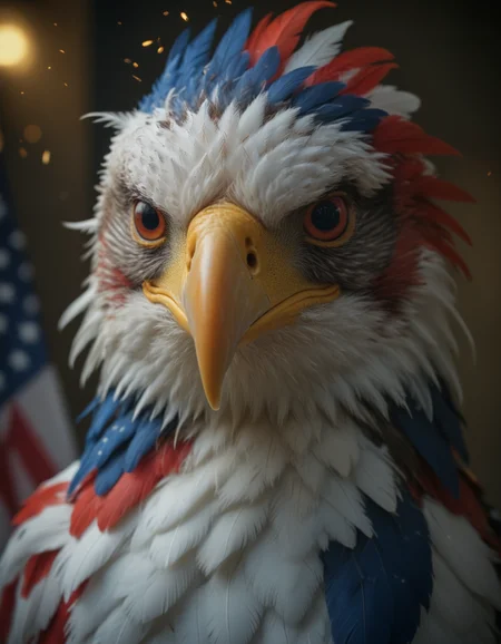 By zoomorphism, American flag (eagle:0.9) hybrid, face covered in red, white, and blue feathers arranged like flag stripes, white star patterns on blue feathers near forehead, golden beak, fierce expression, windblown feathers, fireworks bursting in background, dramatic side lighting, ultra-detailed, 8K resolution, professional wildlife photography, sharp focus, HDR, high contrast, majestic and patriotic atmosphere, 4th of July theme