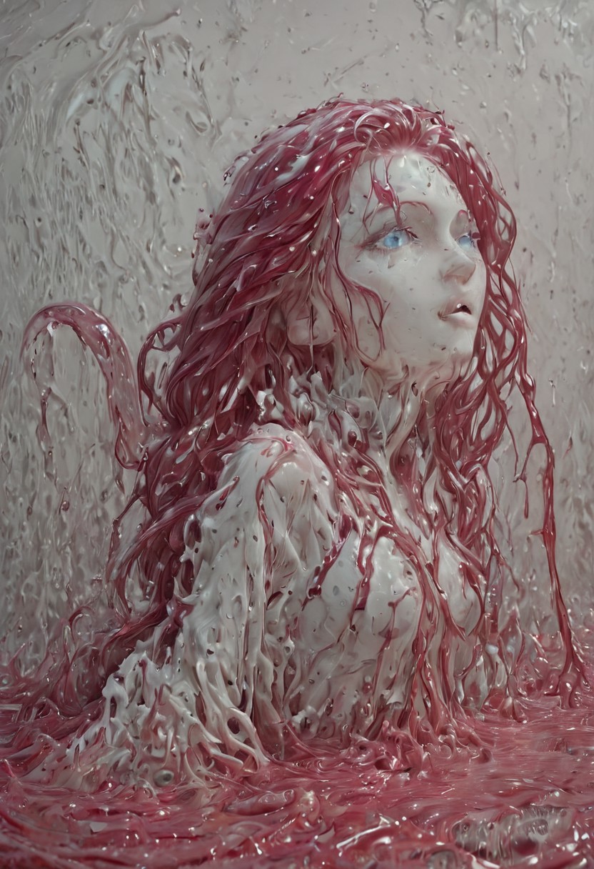 a jessie cover with slime that dissolves it, slimme disolving, sl1m3d, slime-morph,sl1m3d, slime-morph, EPpkJessie, long hair, blue eyes, red hair, hair slicked back,