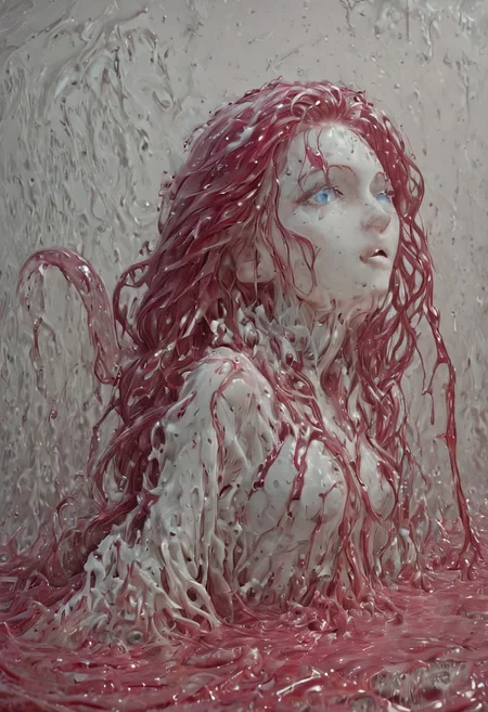 a jessie cover with slime that dissolves it, slimme disolving, sl1m3d, slime-morph,sl1m3d, slime-morph, EPpkJessie, long hair, blue eyes, red hair, hair slicked back,
