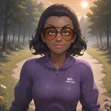 score_9, score_8, BREAK, solo, wii, mii, wii sports, female mii, 1girl, black hair, black eyebrows, black skin, brown eyes, sunglasses, lips, purple clothing, white pants, shoes, nintendo mii, modern_mii, classic_mii, breasts, Jackie_(Wii_Sports), sexy pose, smile, outdoors, sunlight, shadows, evening lighting, natural lighting, forest, trees, grass, orange sky, sunset