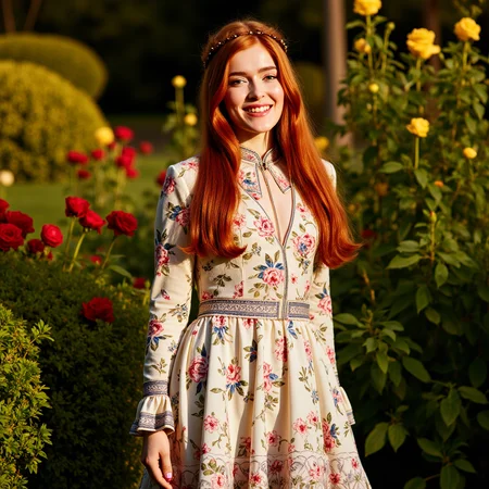 surrealist art Art Nouveau style A beautiful redhead woman wearing a stylish, flowing bohemian high neck dress adorned with intricate floral patterns. The dress has long, bell-shaped sleeves and a layered skirt that dances gracefully as she moves. Her hair is styled in loose waves with a subtle braided crown. She stands in a lush garden filled with vibrant flowers and greenery, illuminated by warm, golden sunlight. Her expression is serene and joyful, complementing the natural beauty of the scene, at night, beautiful smile, sensual pose, playfully smiling <lora:jialissa-ultimatev2:1> . elegant, decorative, curvilinear forms, nature-inspired, ornate, detailed . dreamlike, mysterious, provocative, symbolic, intricate, detailed