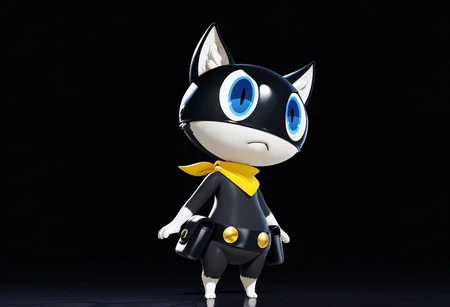 masterpiece, best quality, amazing quality, chromatic abberation, 3d, solo, full body, no humans, morgana_\(persona\), cat, furry, chibi, anthro, standing, blue eyes, cat ears, cat tail, two tone fur, black body, white paws, white tipped tail, black mask, white face, white animal ear fluff, yellow bandana, black utility belt, gold belt buttons, black belt bags