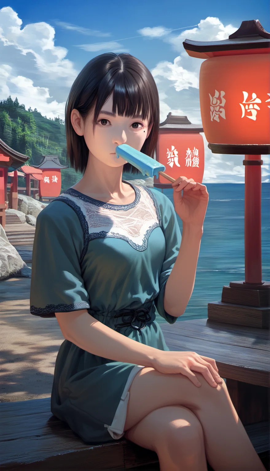 score_9,score_8_up,score_7_up,<lora:ChisatoShinjo:1>,
chisatoshinjo,
photorealism, 
1girl, solo, black hair, short hair, bangs, brown eyes, beauty mark, looking at viewer, white blouse with lace details, portrait, holding a popsicle in front of her face, crossed legs, outdoors, traditional outdoor shrine area, red and yellow and white banners with kanji writing, paper lantern, wooden structure, rocky cliffs, green hills, sea, blue sky with clouds, peaceful bright day, slightly windy atmosphere