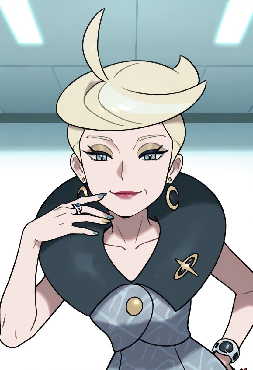 masterpiece, best quality, solo, curvy, beautiful eyes, girl, solo, smile, looking at viewer, dynamic pose, from below, (fisheye), foreshortening, close up,  (leaning forward, eye focus, anime screenshot, 
(upper body), white background,
zzJett, dress, jewelry, collarbone, upper body, earrings, nail polish, makeup, ring, lipstick, eyeshadow,