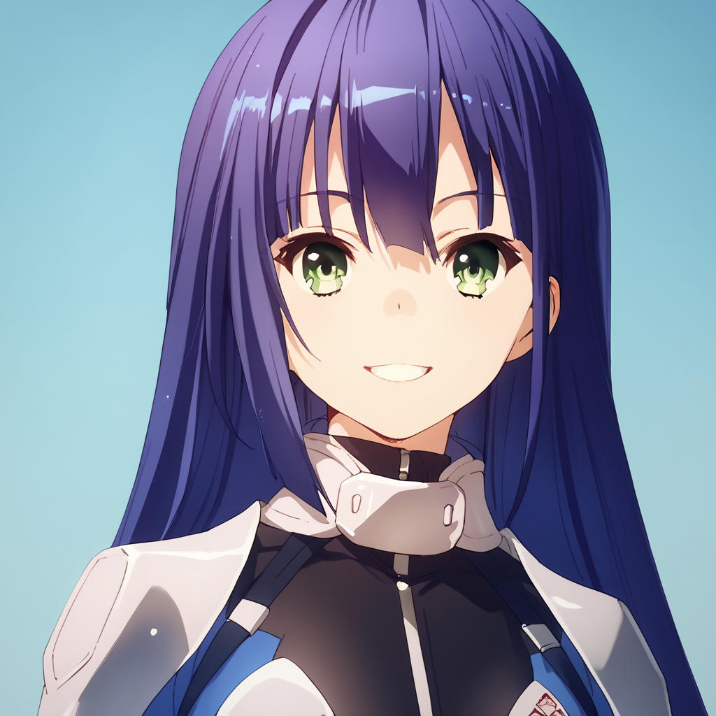 score_9, score_8_up, score_7_up, score_6_up, score_5_up, score_4_up, source_anime,  Ayano, very long hair, purple hair, blue hair, green eyes, , bodysuit, soft smile, portrait