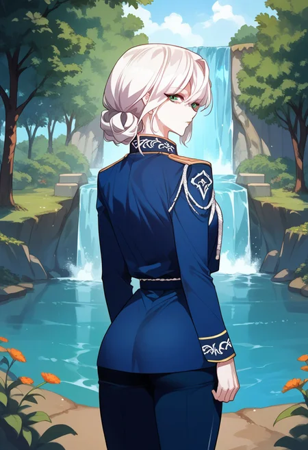 zPDXL3, score_9_up, score_8_up, score_7_up, (Anime_source), 1girl, Arcia, green eyes, white hair, long hair, low ponytail, military clothes, pants, looking at viewer, cowboy shot, looking back, garden, trees, waterfall