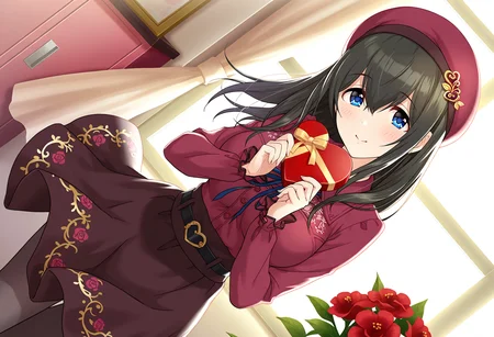 masterpiece, best quality, absurdres, highres,
idolmaster cinderella girls starlight stage, official art,
valentine,
sagisawa fumika, blue eyes, black hair, long hair, large breasts,
1girl, solo, blush, smile,
<lora:erisu barenntainn IL v1:0.6>,
red beret, hat ornament,
neck ribbon,
red collared shirt, long sleeves,
black belt,
brown skirt,
black pantyhose,
gold trim,
heart-shaped box,
indoors, red flower,
dutch angle,