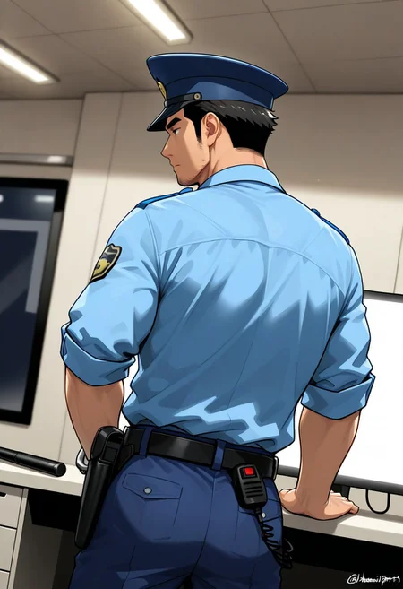 score_9, score_8_up, score_7_up, score_6_up, perfect anatomy, perfect proportions, best quality, masterpiece, high_resolution, high quality, aesthetic, absurdres, (male focus, adult, mature, masculine, manly, virile, hunky, macho, beefy, gay, homo, bara), handsome, charming, alluring, heroic, triumphant, grim, stern, BREAK (asian male, japanese male, dark hair, short hair, sideburns, facial hair, stubble), fit, BREAK Japanese Summer Police Uniform, HannekenJpPcSm01, light-blue collared shirt, tucked shirt, rank slides, rank insignia, sleeves rolled up, dark peaked cap, dark blue pants, walkie-talkie on hip, hip holster, belt pouch, handcuff pouch on hip, police baton on hip, BREAK, indoors, backlight, back view, view from behind, leaning over office desk, looking away, indoors, japanese modern police station, dark, night, blurred background, upperbody, dutch angle, cowboy shot, movie still, perfect face, vibrant, vivid, stardom, glamorous, extraordinary achievement, award-winning, expressionist, cinematic, cinematic still, emotional, harmonious, vignette, bokeh, cinemascope, moody, epic, gorgeous, depth of field