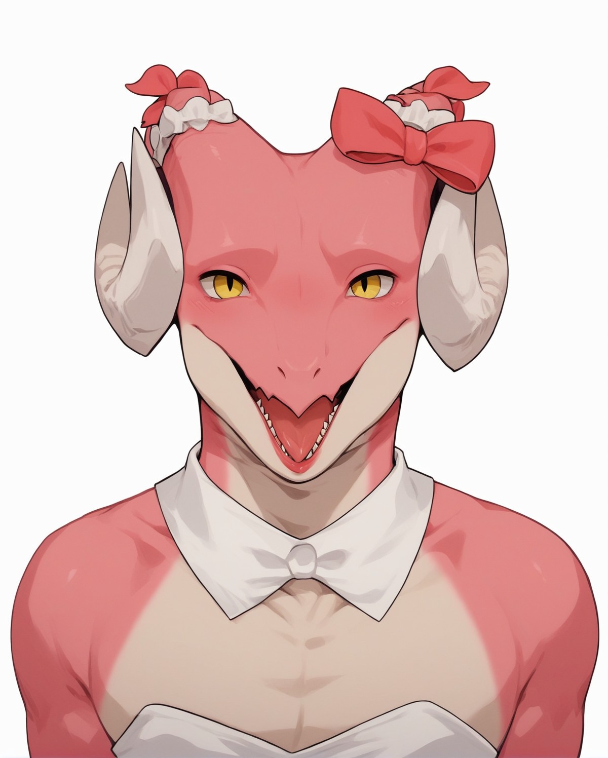 core_9, score_8_up, score_7_up, score_6_up, score_5_up, score_4_up,
(Masterpiece), (Best Quality), (Hi Res),
source_furry,
<1boy:1.5>,
<solo:1.5>,
<pink skin:1.5>,
<pink body:1.5>,
vincent_falnail, falchan, greyscale, 1boy, male focus, solo, yellow eyes, horns, furry male, furry, simple background, white background,form,
<dress:1.5>,<white dress:1.5>,<strapless dress:1.5>,crossdressing,lipstick,makeup,ribbon,head ornament,ribbon on horns,nostrils,dragon,
<face zoom:1.5>,
<face focus:1.5>,
<simple background:1.5>,
<white  background:1.5>,
<lora:Vincent_Falnail:1> vincent_falnail <lora:90s4n1m3XLP:1> 90s4n1m3, happy,
smile,
teeth,
tongue
