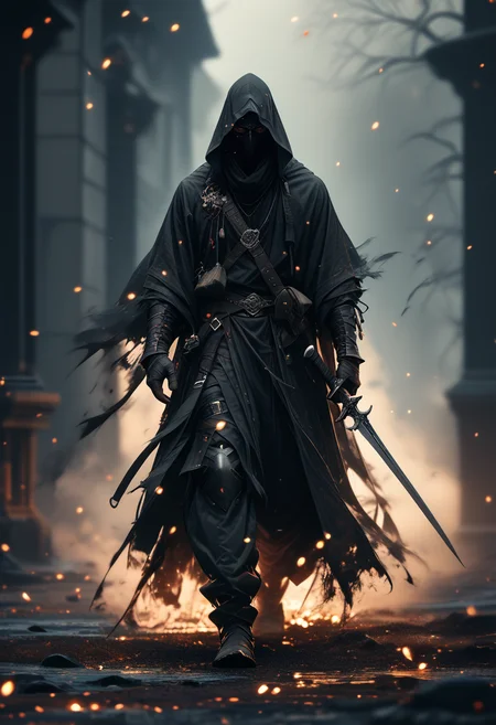 (score_9, score_8_up), score_7_up, 1male, gloves, holding, full body, weapon, belt, pants, sword, hood, holding weapon, armor, mask, knife, sheath, cloak, hood up, floating, walking, sheathed, fog, black mask
, source_anime, source_cartoon,
dof, depth of field, blurry background, embers, CINE
<lora:unholy-000009:0.8> <lora:CINE-000008:0.2>