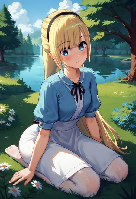 score_9, score_8_up, score_7_up, 1girl, A young woman named AliceWaifu with blue eyes and blonde hair wears a blue dress with a white apron. She has a black hairband and is wearing white pantyhose. She is in a serene environment, with a natural landscape in the background.4y4ne