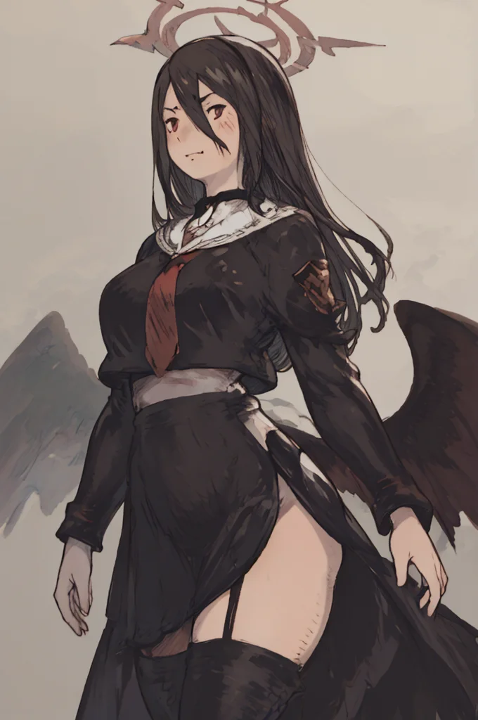 score_9, score_8_up, score_7_up, score_6_up, solo, halo, (Yoshida_Akihiko_PonyXL_style_v02.10.01:1.5) hasumi, black hair, hair between eyes, long hair, mole, mole on breast, mole under eye, red eyes, wings, black wings, low wings, feathered wings, black choker, black serafuku, black skirt, black thighhighs, garter straps, long sleeves, pleated skirt, school uniform, serafuku, side slit, skirt, thighhighs, white collar, whie sailor collar, huge breasts, long skirt, one hand on hips, s curve pose, look away, (Bravely Default Style), yoshida akihiko, blush, red eyes, shy, blood on clothes, teeth, big smile, <lora:pony\char\game\ba\hasumi-hanekawa-ponyxl-lora-nochekaiser.safetensors>, <lora:pony\style\Yoshida_Akihiko_PonyXL_style_v02.10.01.safetensors>, <lora:styles\yoshida_akihiko_offset.safetensors>, <lora:styles\BravelyDefault.safetensors>, <checkpoint:[Pony] prefectPonyXL_v10.safetensors>, <checkpoint:[SD15] tfmCutesyAnime2_genesis.safetensors>