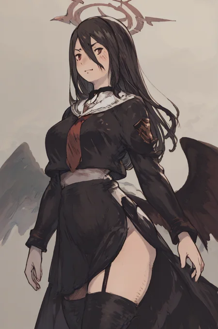 score_9, score_8_up, score_7_up, score_6_up, solo, halo, (Yoshida_Akihiko_PonyXL_style_v02.10.01:1.5) hasumi, black hair, hair between eyes, long hair, mole, mole on breast, mole under eye, red eyes, wings, black wings, low wings, feathered wings, black choker, black serafuku, black skirt, black thighhighs, garter straps, long sleeves, pleated skirt, school uniform, serafuku, side slit, skirt, thighhighs, white collar, whie sailor collar, huge breasts, long skirt, one hand on hips, s curve pose, look away, (Bravely Default Style), yoshida akihiko, blush, red eyes, shy, blood on clothes, teeth, big smile, <lora:pony\char\game\ba\hasumi-hanekawa-ponyxl-lora-nochekaiser.safetensors>, <lora:pony\style\Yoshida_Akihiko_PonyXL_style_v02.10.01.safetensors>, <lora:styles\yoshida_akihiko_offset.safetensors>, <lora:styles\BravelyDefault.safetensors>, <checkpoint:[Pony] prefectPonyXL_v10.safetensors>, <checkpoint:[SD15] tfmCutesyAnime2_genesis.safetensors>