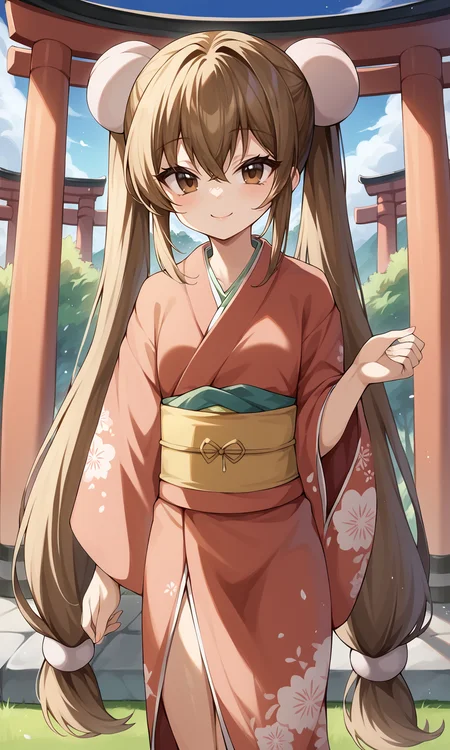 score_9, score_8_up, BREAK
1girl, kokonoerin, brown eyes, brown eyes, very long hair, 
kimono, 
looking at viewer, light smile, cowboy shot, 
outdoors, torii, 
<lora:KokonoeRin_Pony:1>
