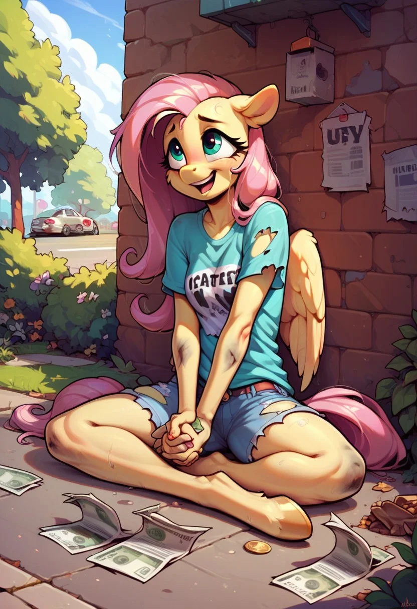 score_9, score_8_up, score_7_up, score_6_up, outside, no lights,
1girl, 1 guy, Fluttershy (mlp), (anthro pony), skinny, homeless, dirty, skinny, hungry, covering with newspaper, dirty clothes, torn, clothes, sitting on the ground, dirty hair, happy, night, street, asphalt, disembodied hand holding money, , disembodied hand giving money, money,