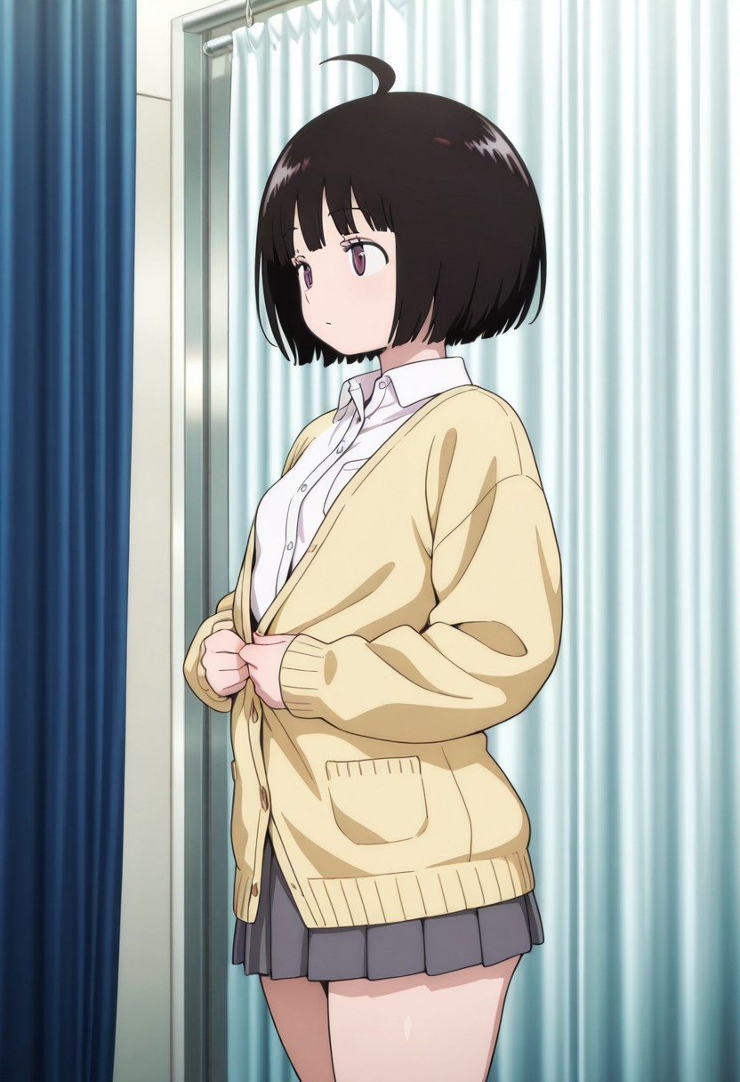 masterpiece,best quality,amazing quality,very aesthetic,absurdres,newest, huge filesize,
worldtrigger,
indoor, fitting room, white curtain, closed curtain,
1girl, solo focus, chika, small breasts, wide hip, thick thighs,
(plain clothes), grey pleated skirt, yellow cardigan, white shirt collar, long sleeves, (undressing cardigan),
(official art), masterpiece, best quality, amazing quality, highres, absurdres, very aesthetic, high resolution,ultra detailed, perfect details, newest,