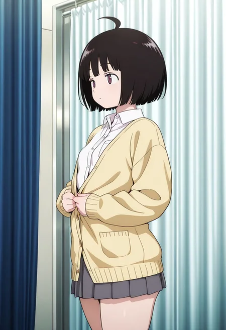 masterpiece,best quality,amazing quality,very aesthetic,absurdres,newest, huge filesize,
worldtrigger,
indoor, fitting room, white curtain, closed curtain,
1girl, solo focus, chika, small breasts, wide hip, thick thighs,
(plain clothes), grey pleated skirt, yellow cardigan, white shirt collar, long sleeves, (undressing cardigan),
(official art), masterpiece, best quality, amazing quality, highres, absurdres, very aesthetic, high resolution,ultra detailed, perfect details, newest,