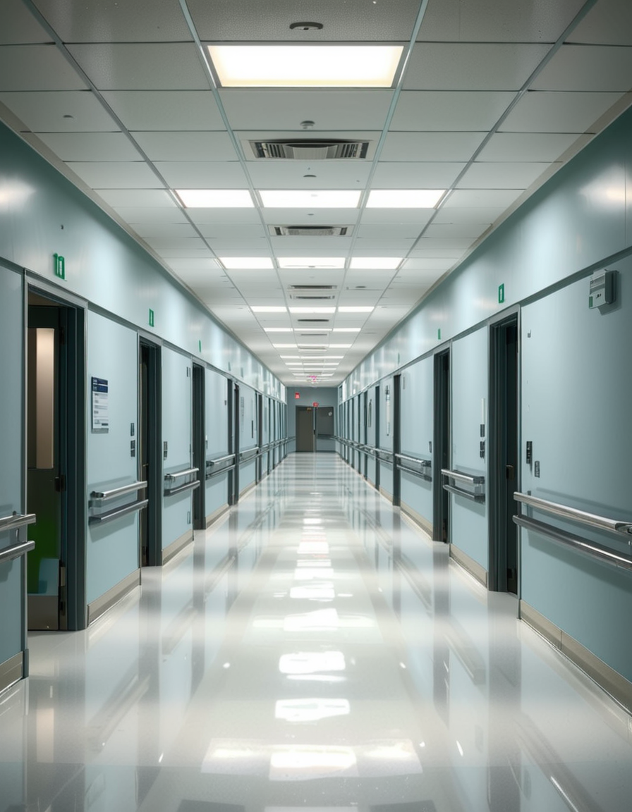 A long, sterile hospital corridor with bright white walls and a polished, reflective floor. The fluorescent ceiling lights cast a cold, clinical glow, emphasizing the cleanliness of the space. The hallway is lined with closed patient rooms, each marked with a small number plate. Stainless steel handrails run along the walls, and a few medical carts are neatly parked near the side. The corridor appears empty, creating a sense of stillness and anticipation. At the far end, a set of double doors with small glass windows leads to another section of the hospital. The atmosphere is quiet, professional, and highly sanitized, evoking a sense of order and precision.
<lora:SDXLFaeTastic2400:0.4> <lora:extremely_detailed:0.4> extremely detailed, <lora:sterile_hospital_c0rr1d0r:1>,sterile hospital c0rr1d0r, Masterpiece,best quality,hi res,8k,hi res,8k,award winning,(sharp focus, intricate, highly detailed),
