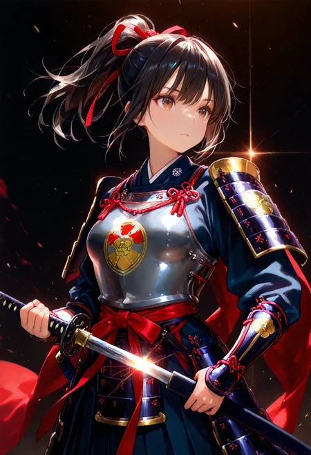 1girl, solo, brown eyes, black hair, medium breasts, ponytail, red ribbon,
japanese armor,breastplate, family crest print, holding katana,diffraction spikes,
dark background,dynamic pose,
safe,masterpiece,amazing quality,best quality, <lora:holographiccolor:0.8> <lora:spo_sdxl_10ep_4k-data_lora_webui_482964:0.8>