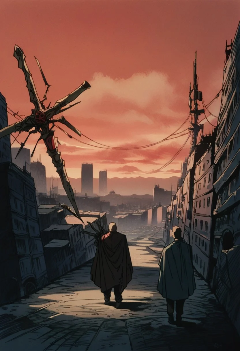 score_9, score_8_up, score_7_up, rating_safe, 1boy, from behind, full body, weapon, cityscape, post-apocalyptic, red_sky, sunset
