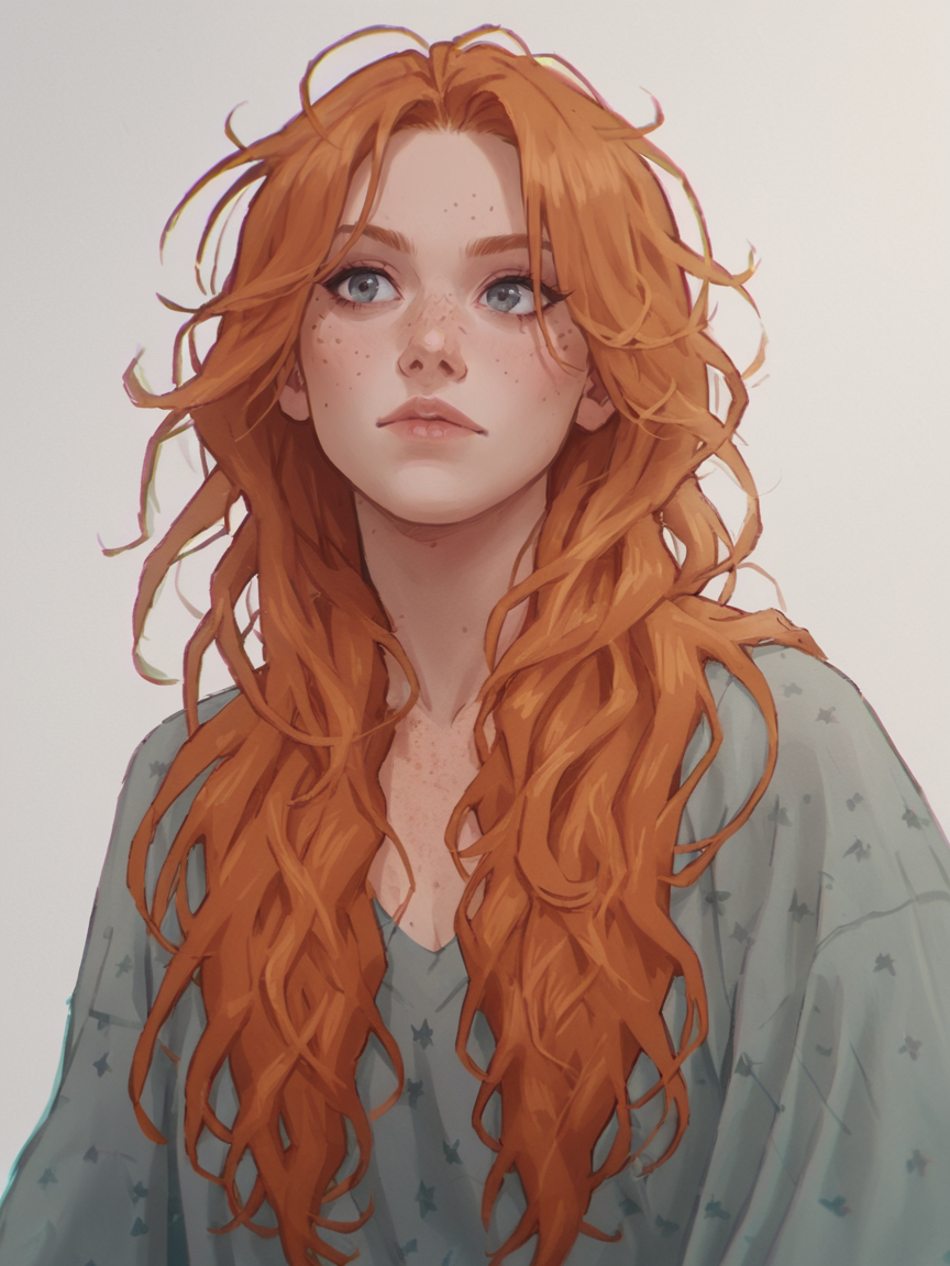 score_9, score_8_up, score_7_up, score_6_up, score_5_up, score_4_up, 1girl, Fr3ckles, freckles, grey eyes, ginger hair, long hair, <lora:Fr3ckledXLP:0.3>   <lora:ju1ch3XLP:1> ju1ch3,