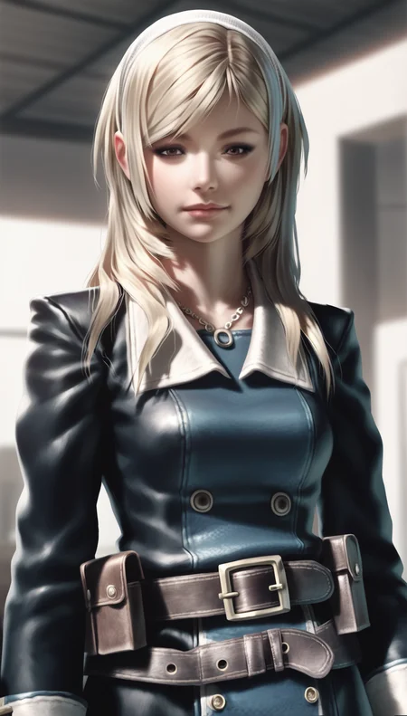 score_9,score_8_up,score_7_up,
<lora:Leanne:0.9>,
leanne,
highres,photorealism,
1girl,solo,blonde hair,long hair,bangs,white hairband,raised head,eyes looking down,brown eyes,facing viewer,naughty face,black coat with white accents,necklace,brown belt,belt pouch,upper body,
indoors,blurry background,living room,