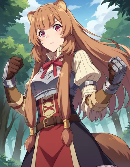 score_9, score_8_up, score_7_up, source_anime,
raphtalia, <lora:raphtalia-ponyxl-lora-nochekaiser:1>,
raphtalia, long hair, bangs, brown hair, animal ears, raccoon ears, raccoon tail, raccoon girl, pink eyes,
long sleeves, sweater, ribbed sweater, puffy sleeves, breastplate, ribbon, red ribbon, gauntlets, glove, brown gloves, belt, skirt, armor,
outdoors, forest, nature,
looking at viewer, cowboy shot, dutch angle, dynamic pose,