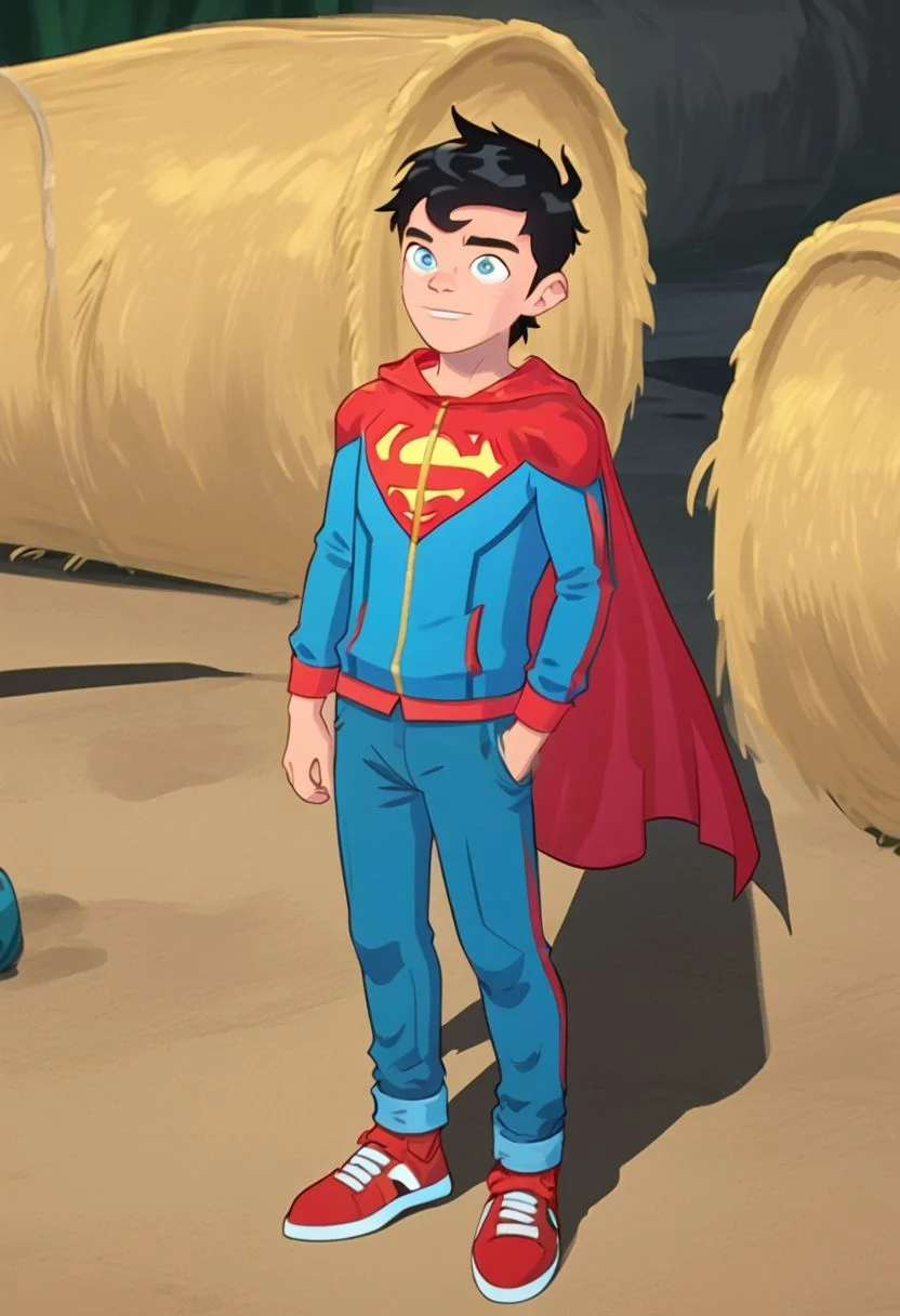 Score_8, superboy, 1boy, solo, Nice face, black hair, perfect eyes, blue eyes, blue jacket, red cape, blue pants, red shoes