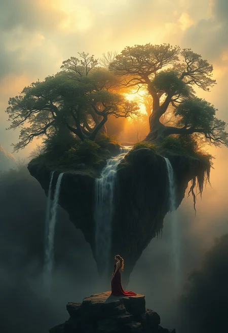 A floating island with ancient trees and cascading waterfalls, bathed in soft golden mist, cinematic romanticism, digital realism, stylized portraiture, dramatic lighting, moody atmosphere, elegant composition, glamorous figures, narrative storytelling, glossy rendering, emotional intensity, noir fashion, expressive detail, soft skin tones, polished surfaces, dynamic poses, romantic tension, vintage-inspired aesthetics, stylized beauty, contemporary elegance, painterly yet digital finish