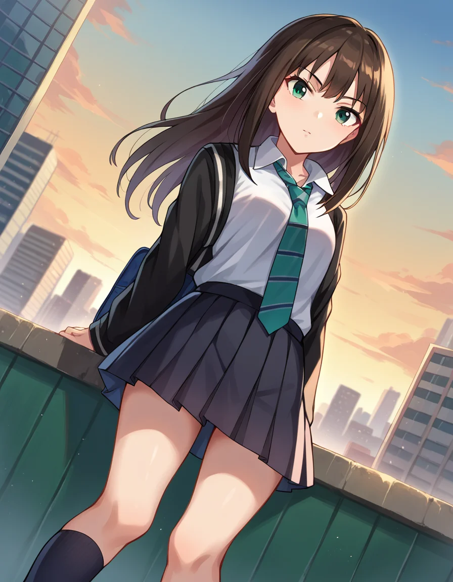 score_9, score_8_up, score_7_up, source_anime,
rinshibuya, <lora:rin-shibuya-ponyxl-lora-nochekaiser:1>,
rin shibuya, black hair, green eyes, long hair,
black skirt, black socks, collared shirt, green necktie, kneehighs, long sleeves, miniskirt, necktie, pleated skirt, school uniform, shirt, skirt, socks, striped, striped necktie, white shirt, wing collar,
outdoors, cityscape,
looking at viewer, dutch angle, cowboy shot,