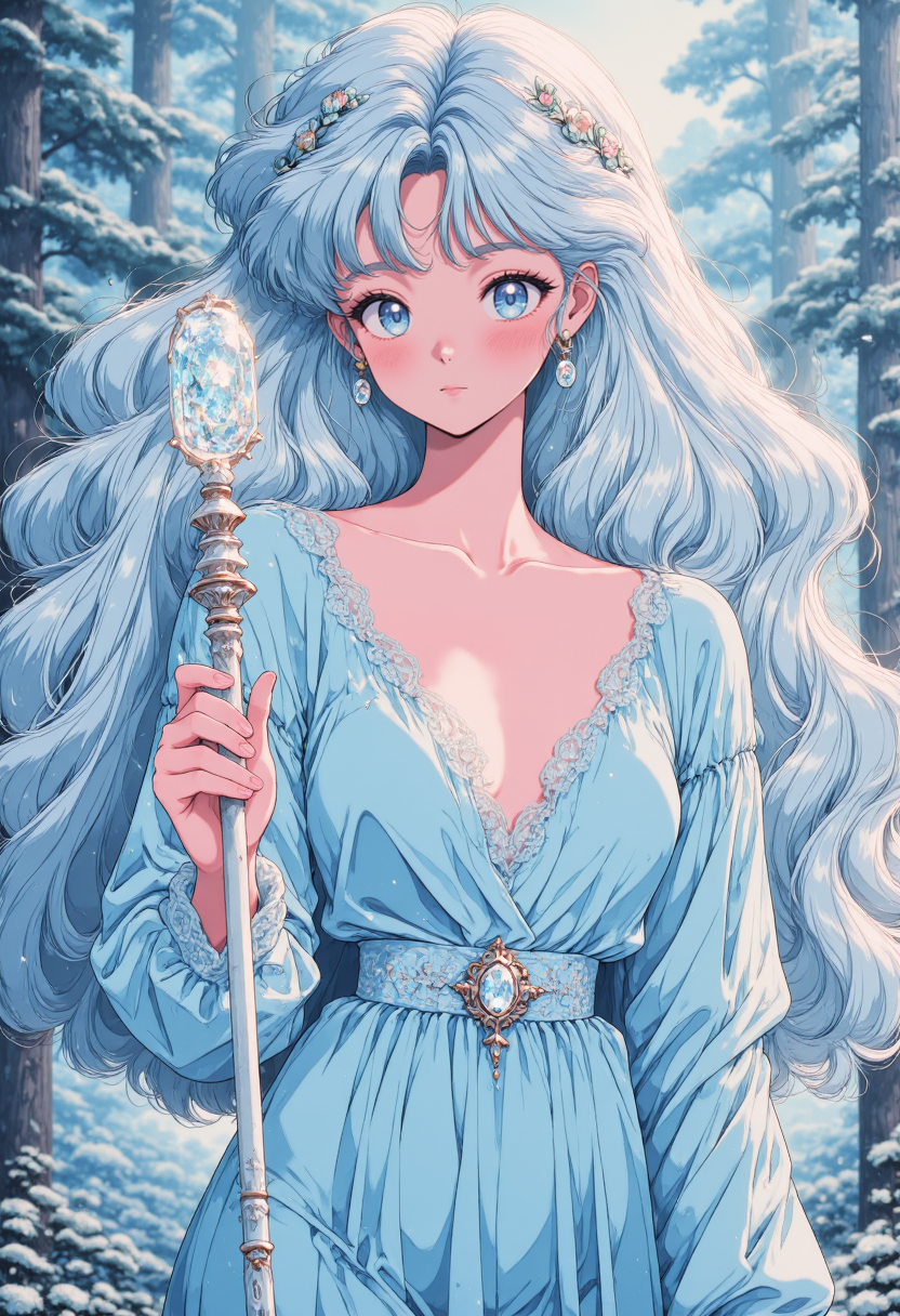 pinkretroanime, A woman with snow-white hair styled into elaborate braids, her icy blue gown covered in frost-like embroidery. She holds a crystalline staff, from which delicate snowflakes fall even in the absence of wind. The air around her shimmers with a cold, ethereal light, as if time itself is frozen.