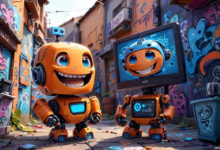a orange [and blue] chibi robot, with a PC screen as head, smile, outside street, graffiti walls, sprays,