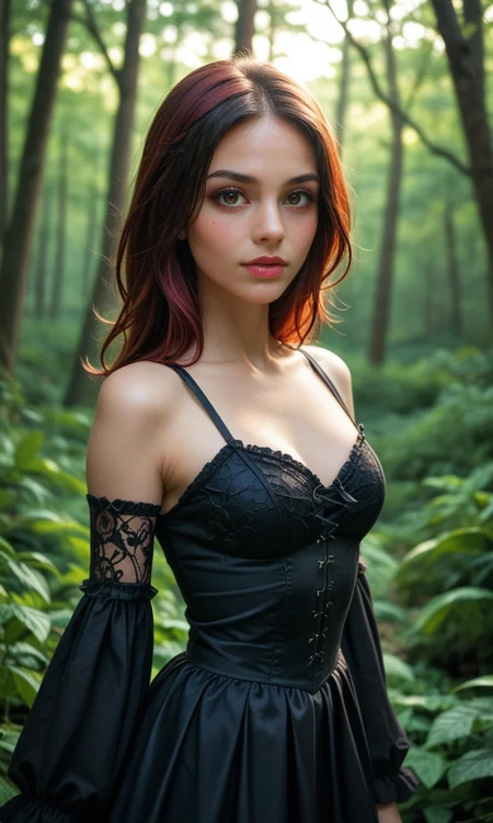 score_9, score_8_up, score_7_up, (RAW photo), (upper body photo), woman, high detailed gothic dress, (red|white|black), mistery forest, extreme details, (vibrant color), (intricate details), (dynamic angle), (cinematic lights), seductive, innocent, (realistic skin:1.4), sharp, (analog film grain)
