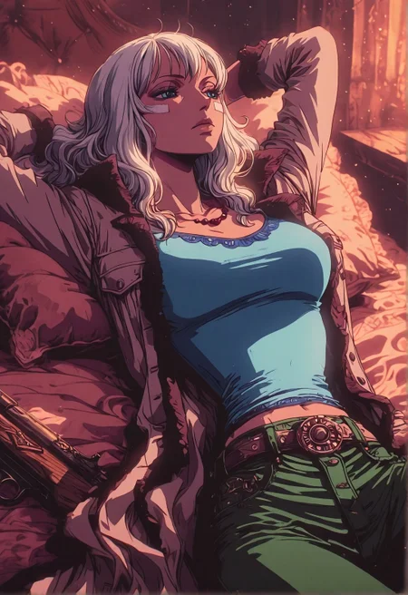 masterpiece, best quality, newest, absurdres, highres, 1girl, olvia, bandaid on face, blue eyes, necklace, long white hair, solo, relaxing in her room as the sun sets, lying in bed, long coat with fur trim, blue shirt, stretching out, GLSHS, green pants, rifle, warm colors, delicate colors, partially illuminated, pensive, relaxed, slender, medium breasts, perky tits, detailed skin, hypersexualized, adult content, erotic, suggestive, intimate, provocative,