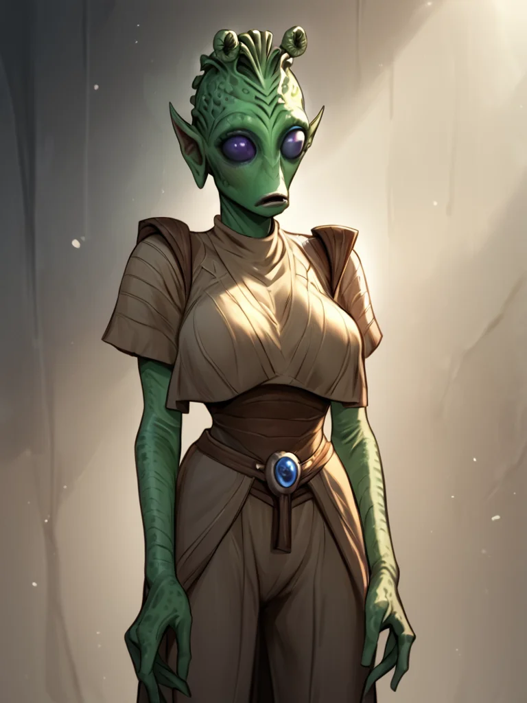 score_7_up, score_8_up, score_9, masterpiece, (1girl, solo,)perfect face, perfect hands, high quality, source_anime, high heel boots, large breasts, cowboy shot, bulging breasts, <lora:Rodian_-_Star_Wars:1>rodian, colored skin, alien