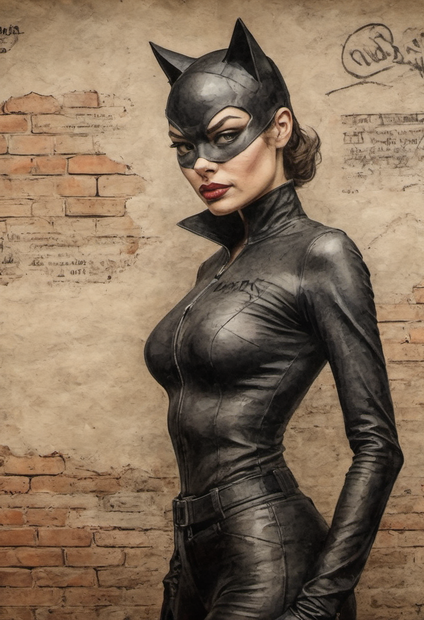 on parchment portrait of catwoman in front of a brick wall with graffiti