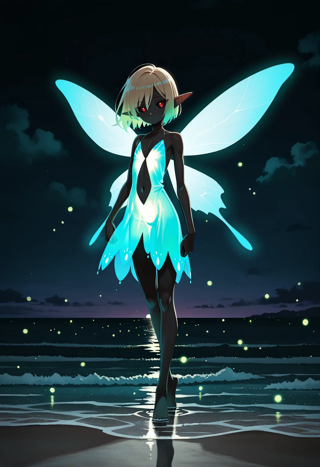 1boy, trap, pointed ears, small eyes, black sclera, red eyes, bob hair, ((blonde hair), green hair, gradient hair), skinny,
full body, fireflies, standing on water,
blue dress,solo, glowing dress, neon blue glowing, navel, cleavage, dynamic, vivid, looking at viewer, cute pose, night sky, dark, night beach, dark sea, provoactive, glowing wings, fairy wings,
kunitarouartstyle, <lora:kunitarouartIL-style:1>