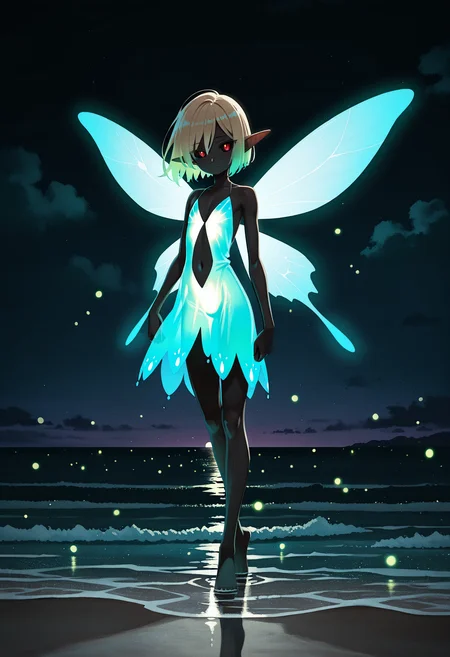 1boy, trap, pointed ears, small eyes, black sclera, red eyes, bob hair, ((blonde hair), green hair, gradient hair), skinny,
full body, fireflies, standing on water,
blue dress,solo, glowing dress, neon blue glowing, navel, cleavage, dynamic, vivid, looking at viewer, cute pose, night sky, dark, night beach, dark sea, provoactive, glowing wings, fairy wings,
kunitarouartstyle, <lora:kunitarouartIL-style:1>