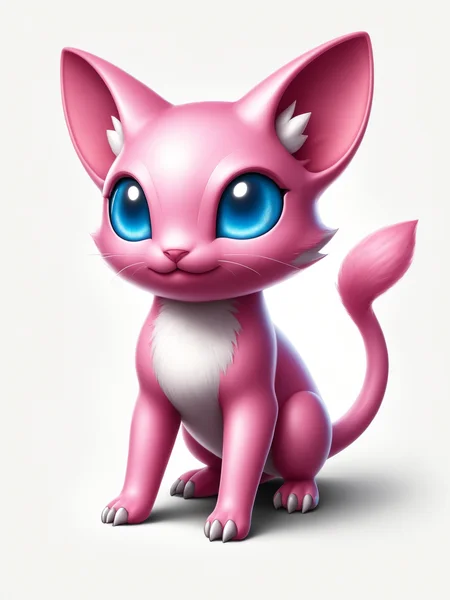 Mew is a pink, bipedal Pokémon with mammalian features. It has a rounded, wide snout; triangular ears; and large, blue eyes. It has short arms with three-fingered paws and large hind paws with oval markings on the soles
<lora:grainy-v1:0.7>