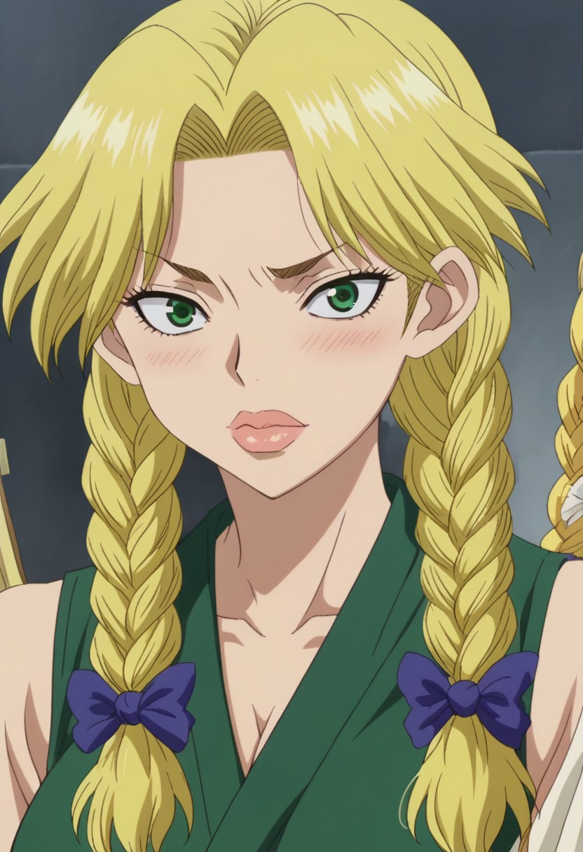 <lora:SlimesNikki:1>, nikki, woman, blonde hair, braids,, green eyes, thick lips, ,,,, ,, anime coloring,anime screencap, 1girl,Solo ,, anime,PUFFY nipple,huge breasts,official art,Uncensored ,Unedited ,,,, ,,,, ,,,, ,,