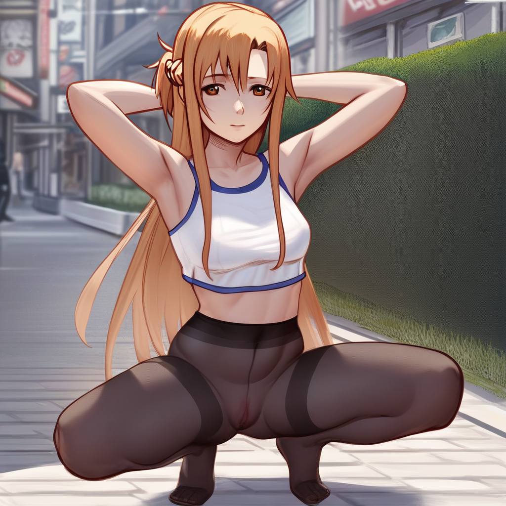 score_9, score_8_up, score_7_up, source_anime, expressive, anime, Artist speedlines, dynamic, 1girl, Asuna/(Sword Art Online\), squatting, arms behind head, armpit_hair, crop top see-through_legwear pantyhose, see-through, thighband_pantyhose, pantyhose, nudepantyhoseXL, pussy_under_pantyhose, uncensored, pussy, exhibitionism, public, outdoors, sunny, urban