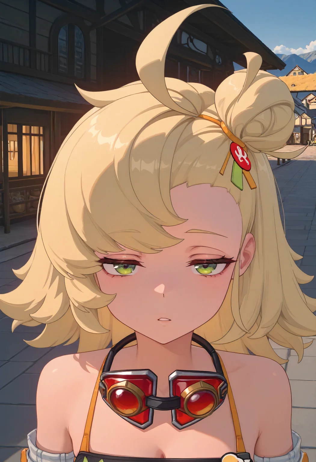 masterpiece, best quality, amazing quality, very aesthetic, absurdres, newest, scenery, volumetric lighting, perfect eyes, ultra detailed,
1girl, Piper Wheel, solo, blonde hair, ahoge, messy hair, hair bun, green eyes,
black crop top, detached sleeves, shoulder cut, white sleeves, goggles around neck,
looking at viewer, half-closed eyes, bored face, closeup, face closeup, portrait, parted lips, beautiful,
village, detailed background,
<lora:Piper_Wheel_-_Zenless_Zone_Zero_ZZZ__Illustrious:1>
masterpiece, best quality, amazing quality, very aesthetic, absurdres, newest, scenery, volumetric lighting, perfect eyes, ultra detailed,