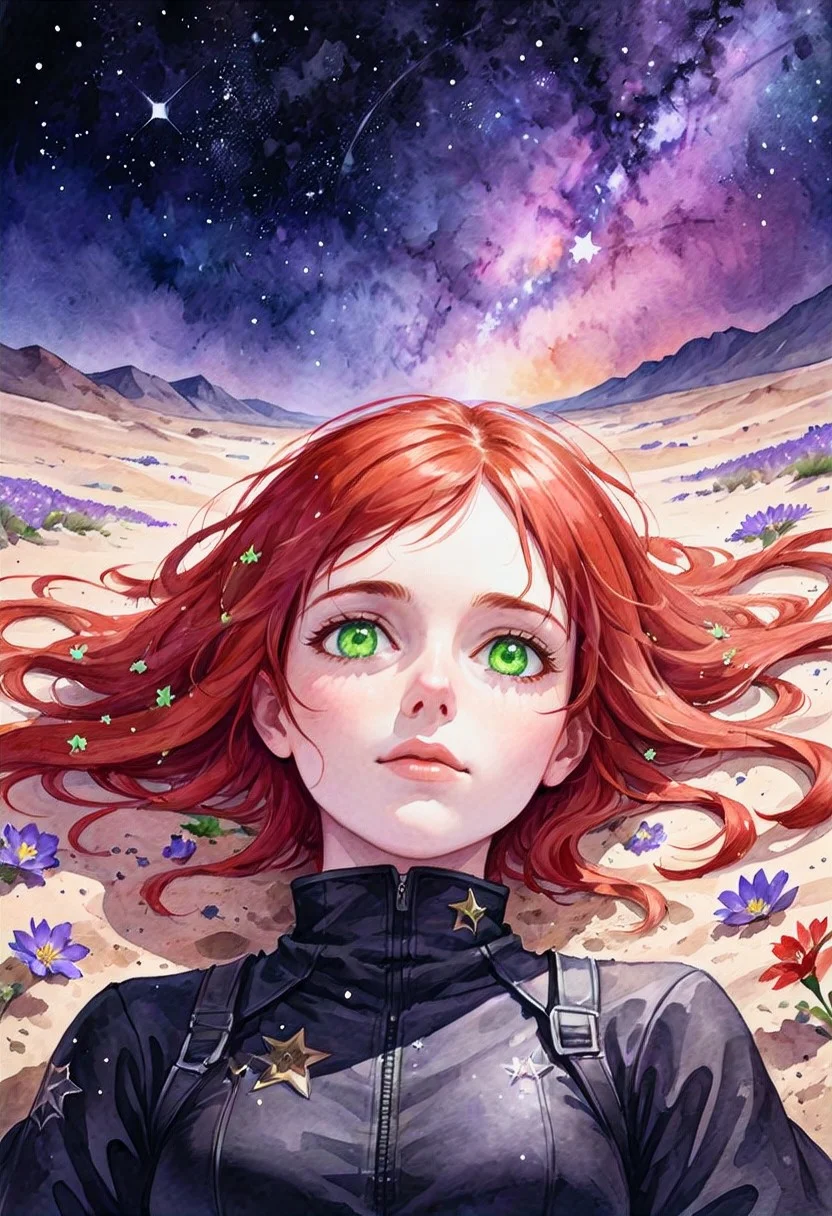 watercolor portrait, a young woman with red hair and green eyes laying down, her hair is covered in galaxy blossoms, the black desert sands with stars surrounds her head